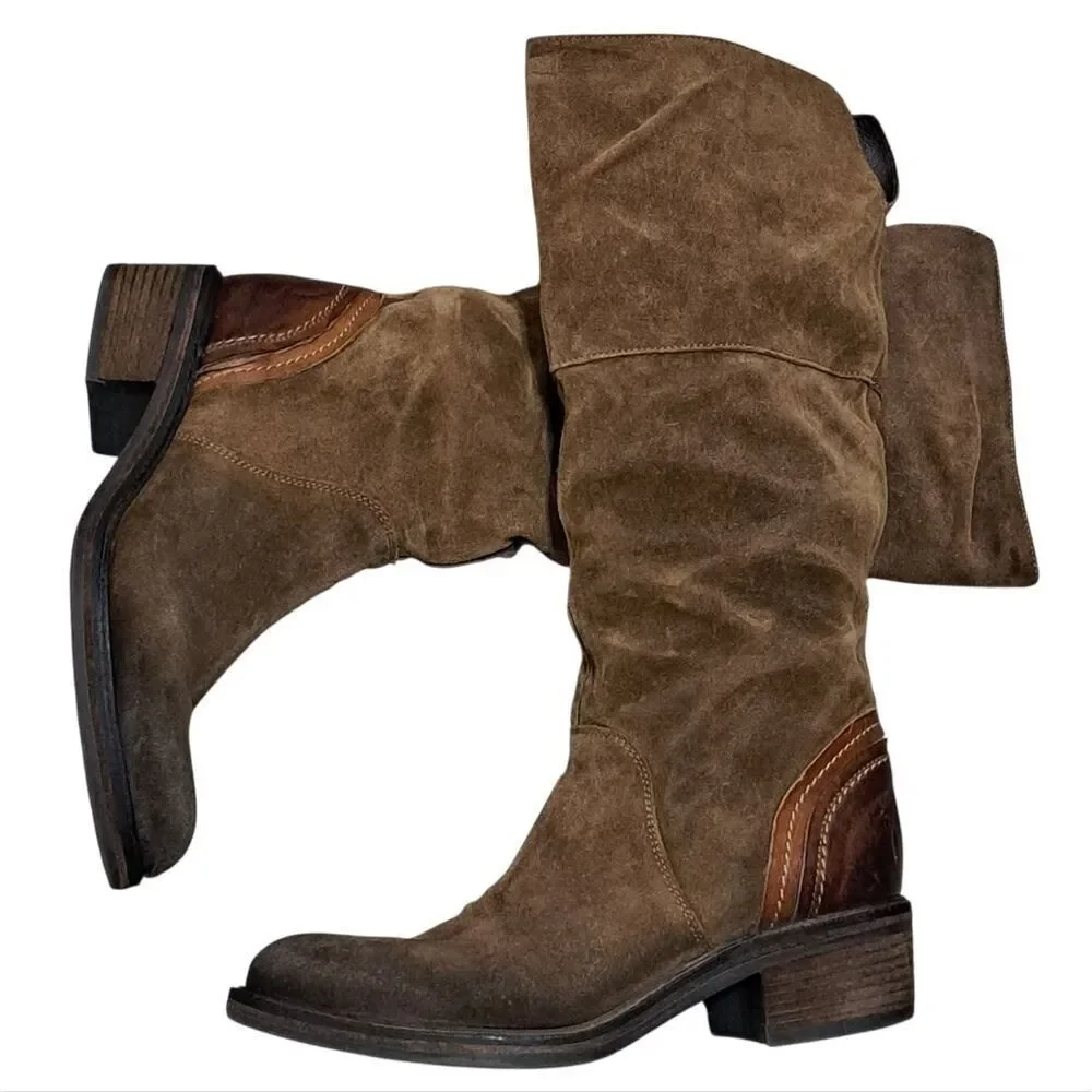 Vic Italian Leather Suede Western Cowgirl Moto Boho Women's Boots Size 37 Brown